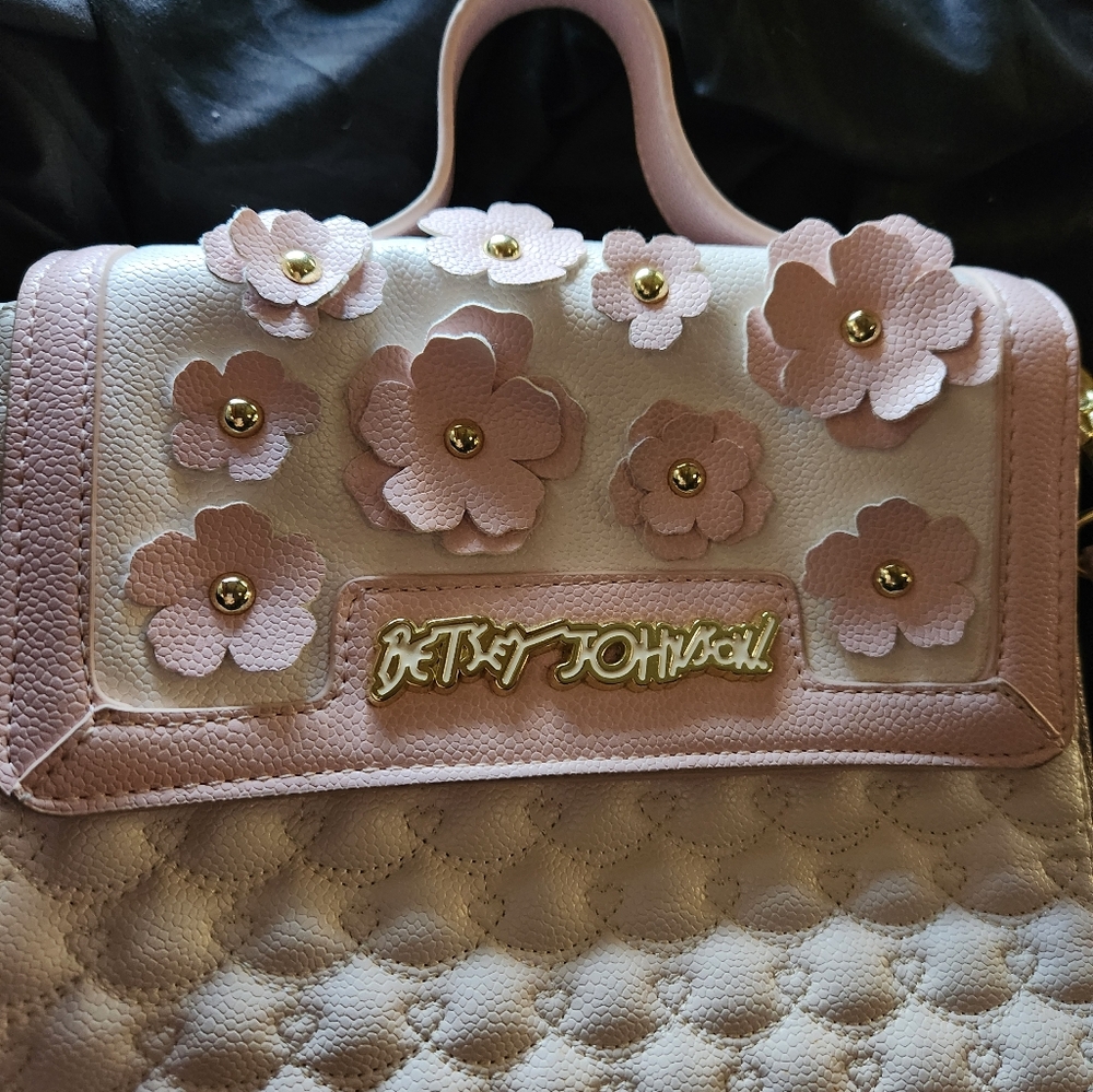 Betsey Johnson Flower Flap Triple Compartment Messenger Handbag Cream,Pink,Gray
